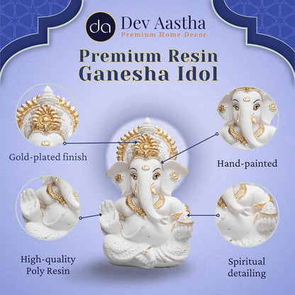 Lord Ganesha Idol for Car Dashboard, Home Decor & Pooja | Resin Gold Plated Ganpati Murti | 3.5 Inch Ganesh Statue for Gift, Diwali, Housewarming, Baby Shower, Mandir Decor, White, Pack -1