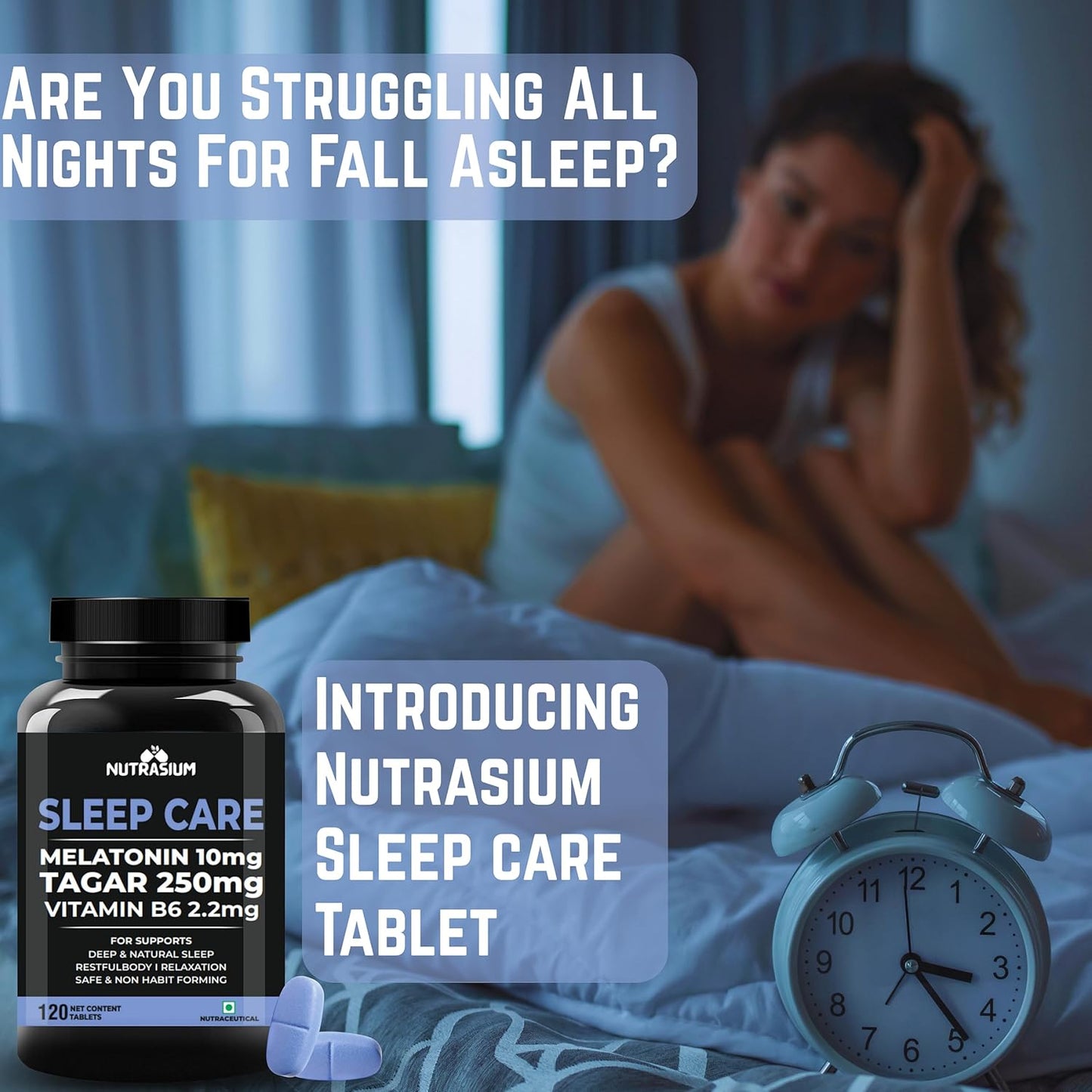 Nutrasium Melatonin 10 mg Sleeping Pill with Tagar 250 mg | Sleep Supplement for Men & Women | Melatonin Tablet for Restful & Deep Natural Sleeps | Sleep Care Tablets 120 (120 Tablets, Sleep Care)