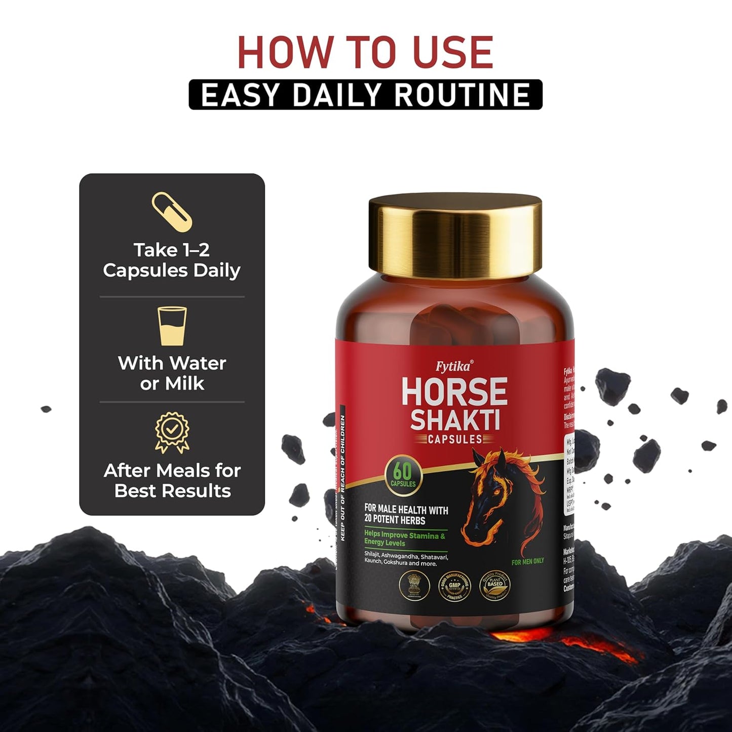 Fytila Horse Shakti capsules bottle with usage instructions on a dark background