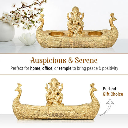 10x5 Inch Resin Lord Ganesha Idols with 2 Diya | Vinayagar Statue for Pooja Room | Ganpati Idol for Home and Office Decor | Golden