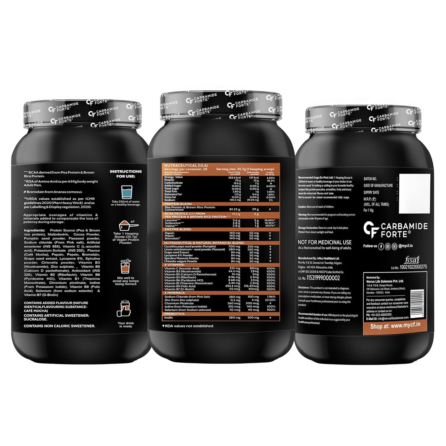 Three black containers of a supplement with visible labels on a white background