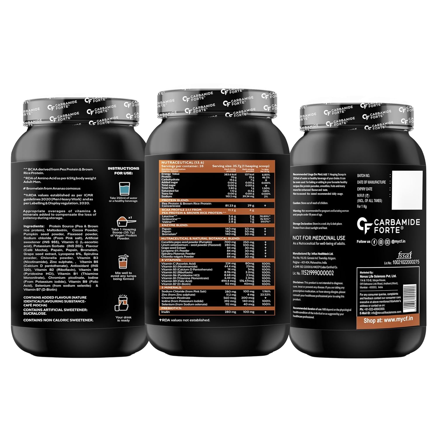 Three black containers of a supplement with visible labels on a white background