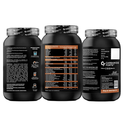 Three black containers of a supplement with visible labels on a white background