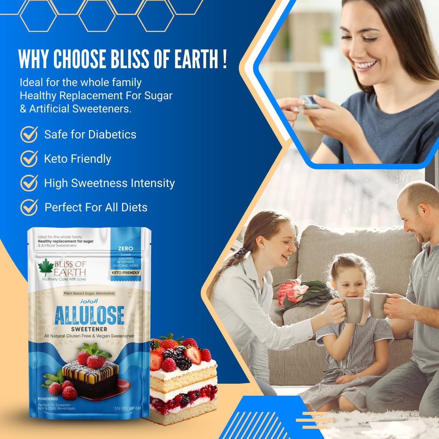 Bliss of Earth Allulose Sweetener 100gm Zero Calorie Keto Sweetener | Natural Sugar Substitute | Zero Glycemic Allulose Powder | Non-GMO, Vegan | Ideal for Baking & Beverages