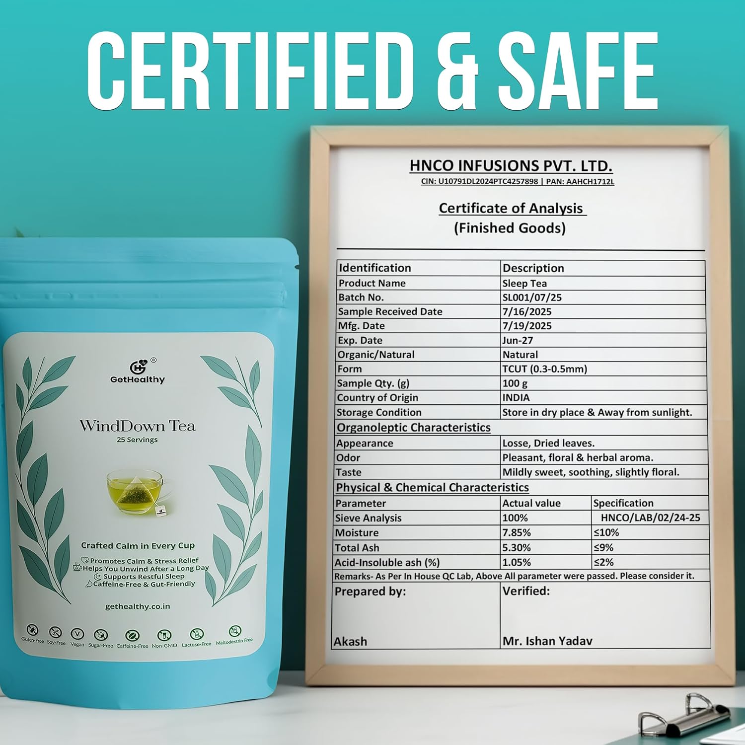 Blue package of WindDown Tea with a certificate of analysis displayed on a teal background