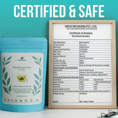 Blue package of WindDown Tea with a certificate of analysis displayed on a teal background