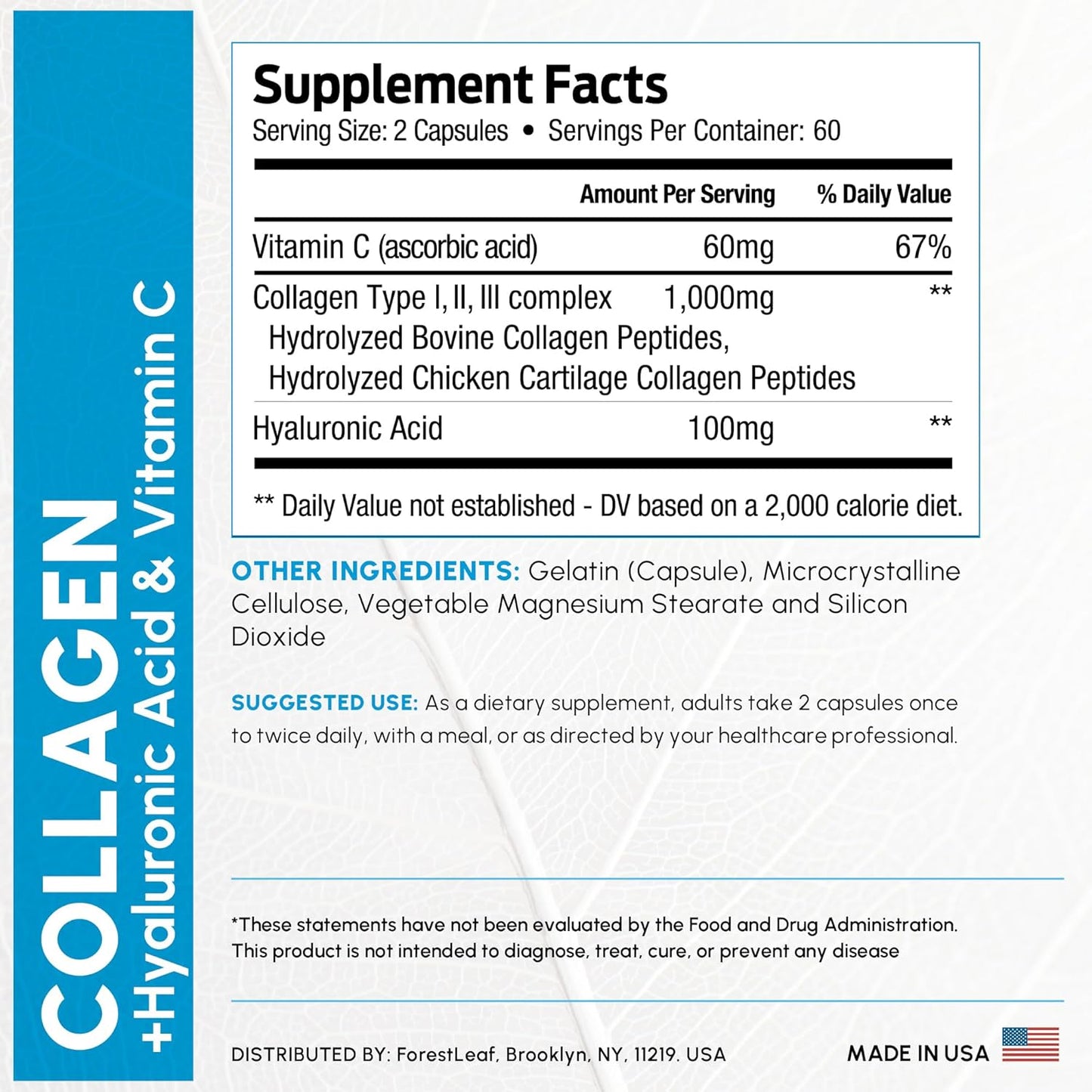 Supplement label for collagen and vitamin C with detailed ingredient list and serving information.