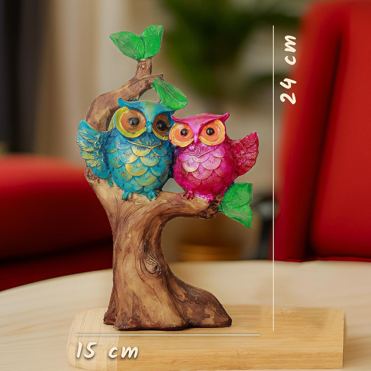 Poly Resin Owl Statue | Owl Sculpture for Good Luck | Owl Couple on Tree Showpiece Idol for Garden, Home Decoration, Table, Living Room | Gift for Anniversary | Set of 1