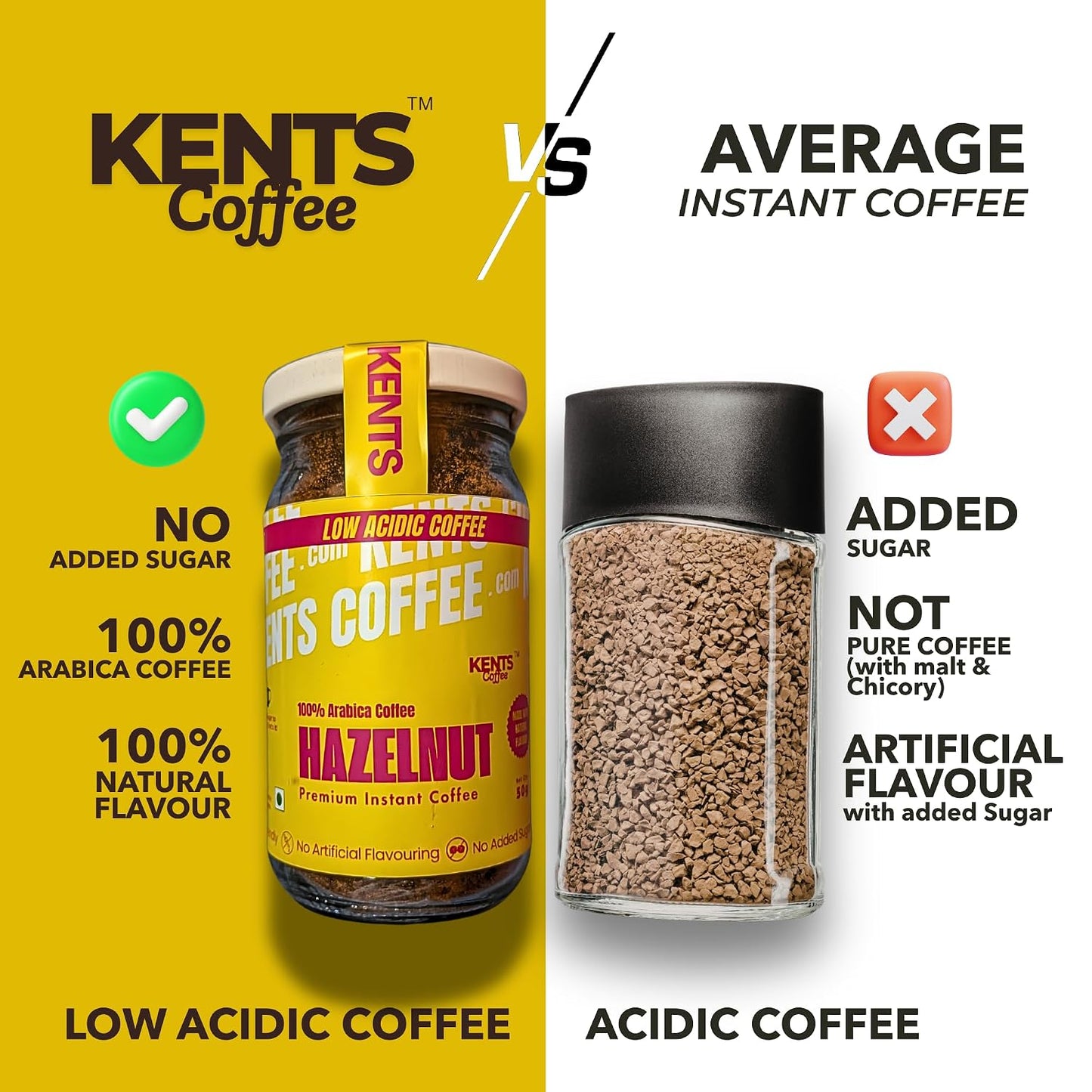 Kents Coffee Hazelnut Instant Coffee (50g) | 100% Arabica Coffee from Chikmagalur | Low Acid Coffee for No Acid Reflux | Real Hazelnut Flavour with No Added Sugar & No Artificial Flavours | Hot & Cold Coffee