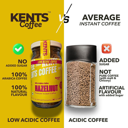 Kents Coffee Hazelnut Instant Coffee (50g) | 100% Arabica Coffee from Chikmagalur | Low Acid Coffee for No Acid Reflux | Real Hazelnut Flavour with No Added Sugar & No Artificial Flavours | Hot & Cold Coffee