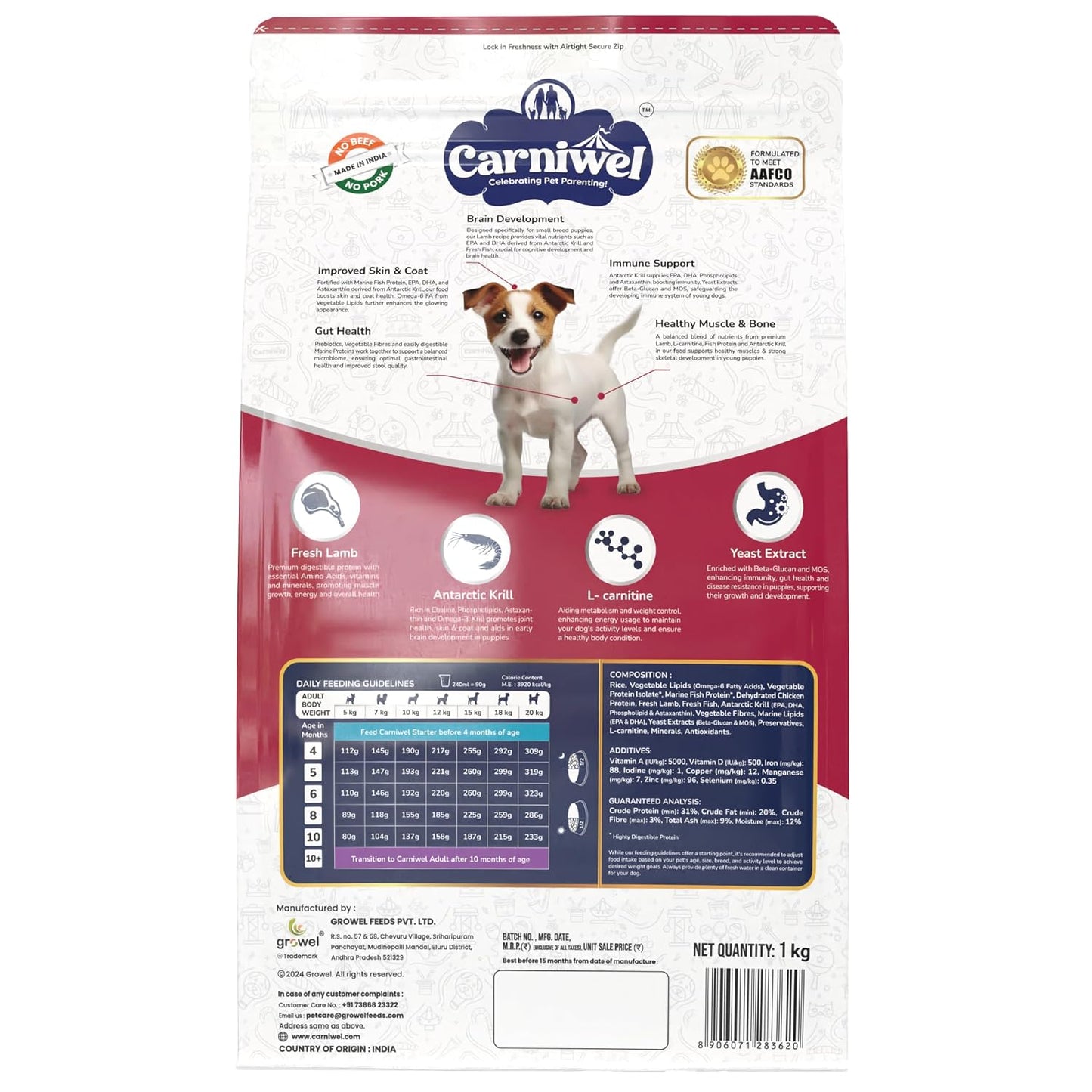 Carniwel Fresh Lamb Puppy Dry Dog Food 1 Kg | Natural Ingredients for Healthy Muscle & Bone | Highly Palatable | Boosts Skin & Coat Health | Premium Nutrition Tailored for Small Dogs