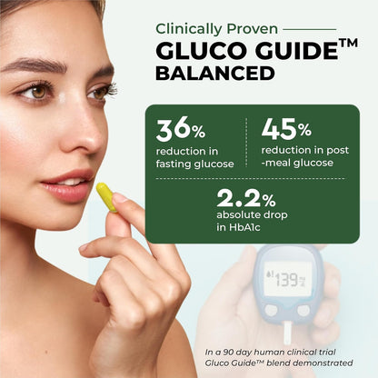 Advertisement for Gluco Guide Balanced showing a woman with a glucose meter and statistical information.