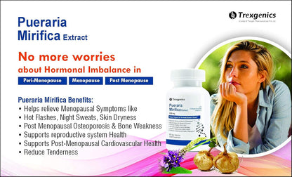 Advertisement for Pueraria Mirifica Extract by Trexegenics with a woman and product image.