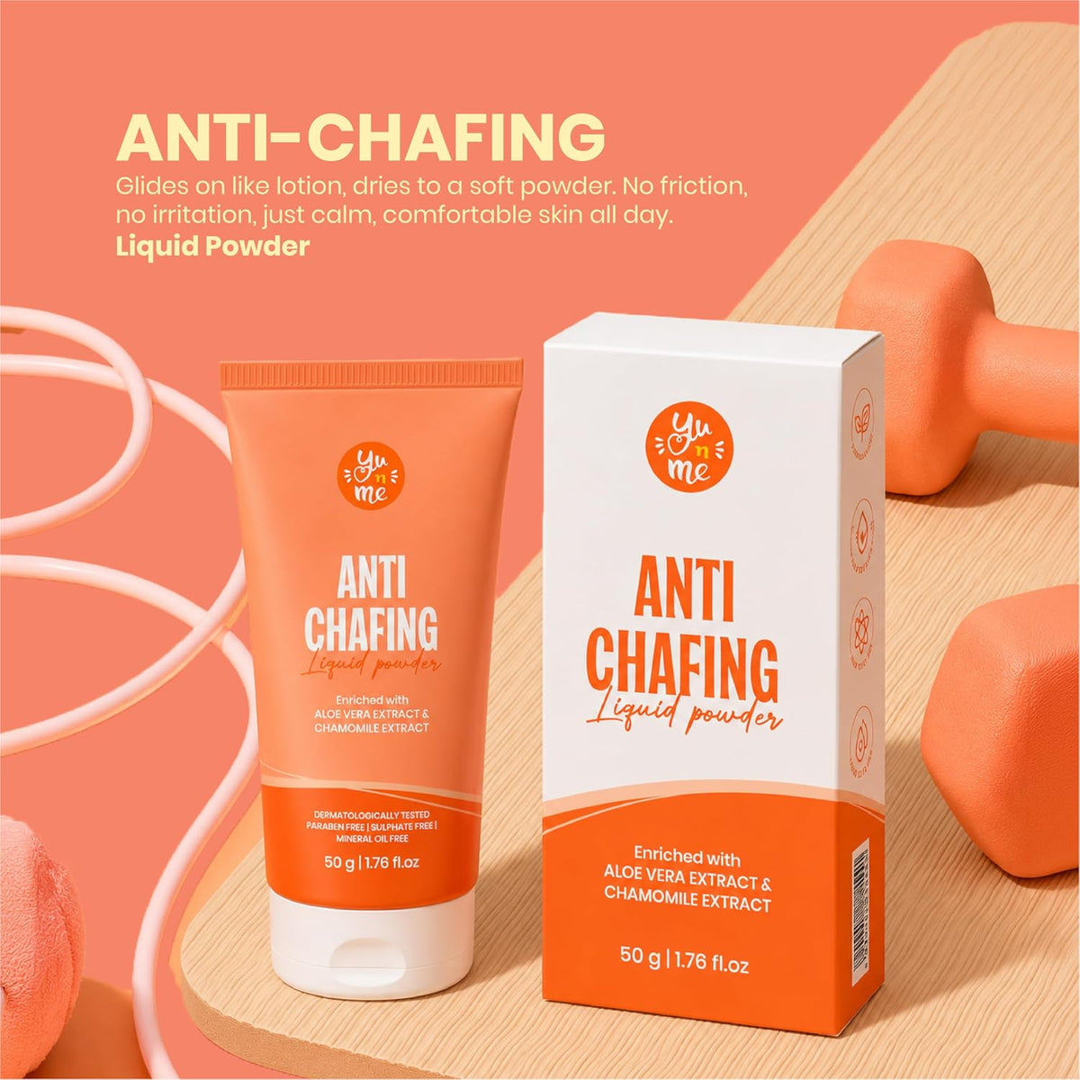 Yu n Me Anti-Chafing Liquid Powder Cream | Anti-Rash Cream for Inner Underarms & Intimate Areas | Dermatologically Tested | Tapioca Starch & Aloe Vera | Non-Greasy Formula | For Men & Women | 50gm