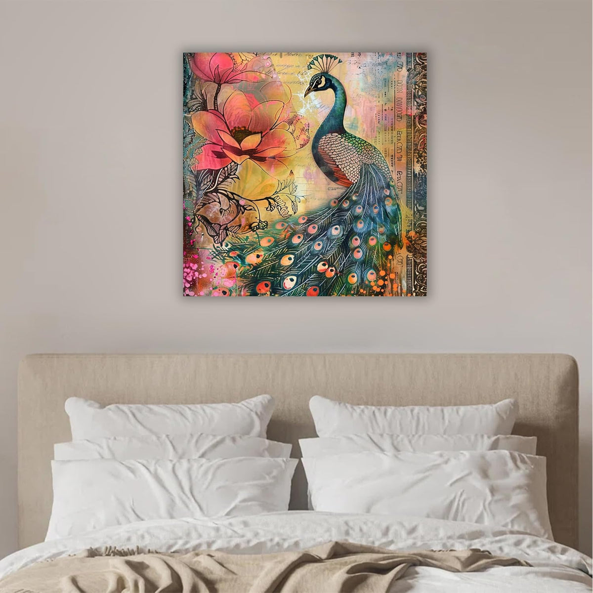Peacock Floral Artwork Stretched Canvas Painting for Living Room | Bird Nature Painting Wall Décor Art For Livingroom, Bedroom, Office, Hallways - 16x16 Inch