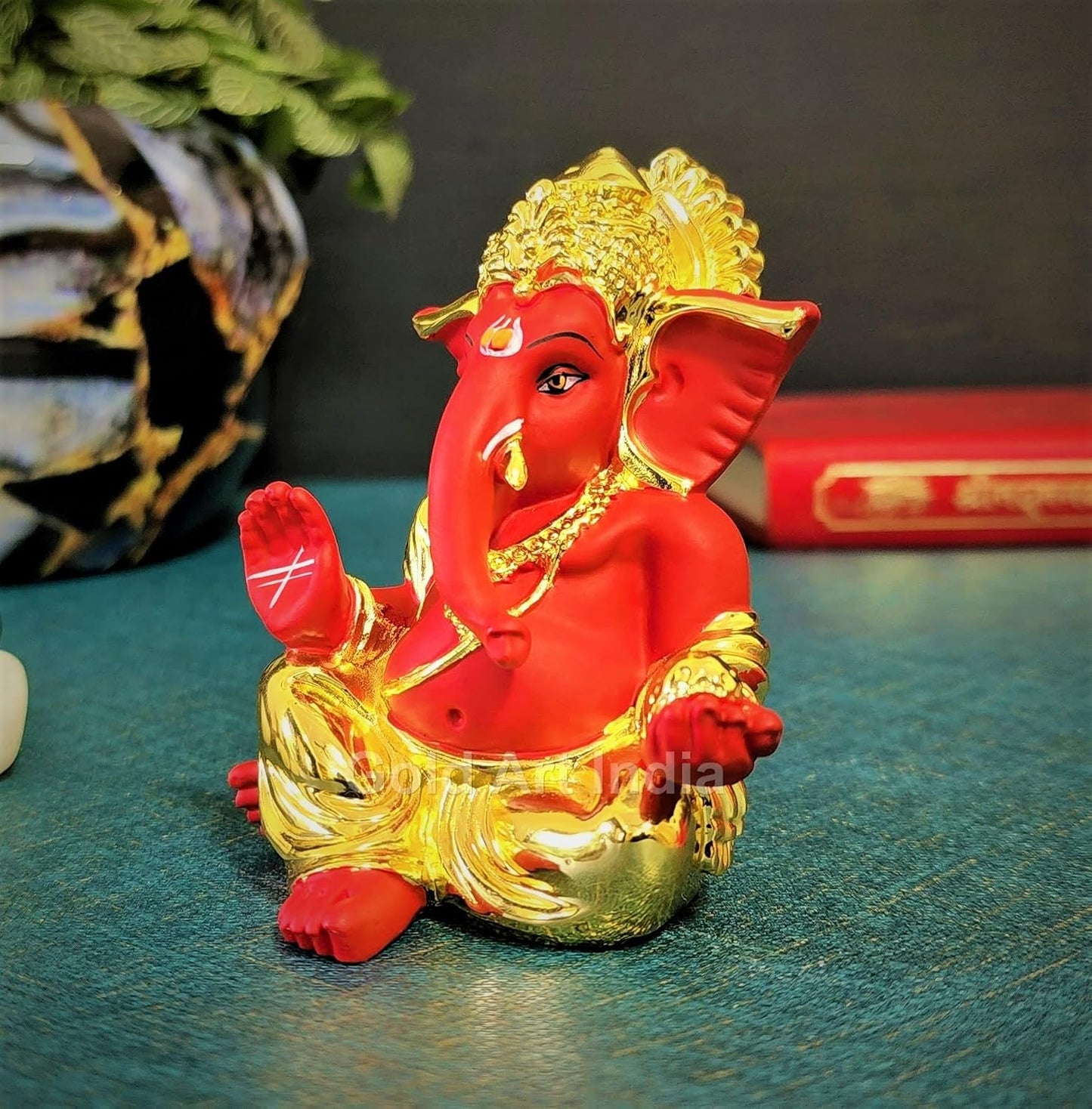 Gold Art India Gold Plated with Red Terracotta Gaddi Ganesha for Car Dashboard Home Decor Gifting Diwali Birthday Festivals (Gold Red)
