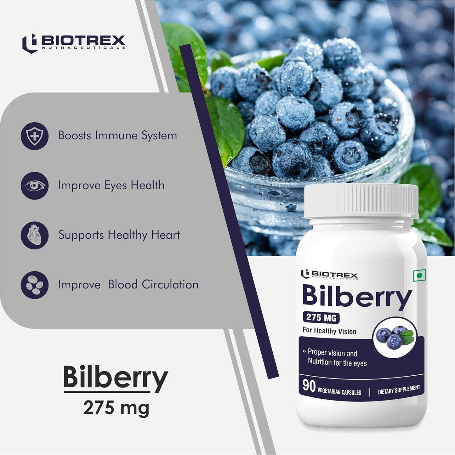 Biotrex Nutraceuticals Bilberry Extract 275mg (Anthocyanidins) Healthy Vision, Antioxidant & Eye Health Supplement, 90 Veg Capsules