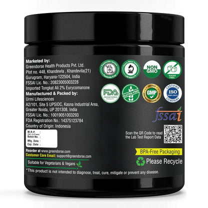 GREENDORSE Organic Tongkat Ali Longjack Root Extract Powder, 2% Eurycomanone | 3 Months Supply | Enhanced T-Level, Stamina and Stress tolerance, Vegan Friendly, 50g