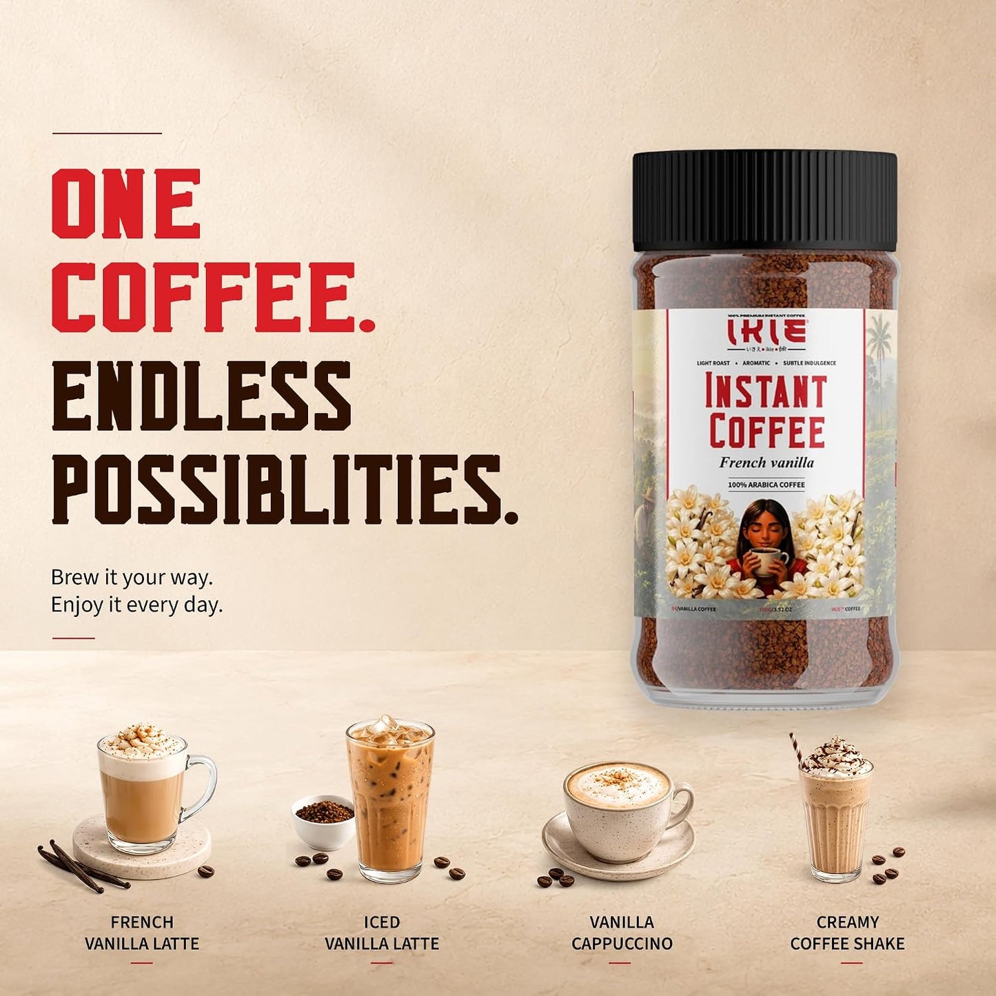 IKIE French Vanilla Instant Coffee Powder 100g | 100% Arabica | Rich Creamy Vanilla Flavour | No Chicory | 50 Cups | Cafe Style Coffee in seconds