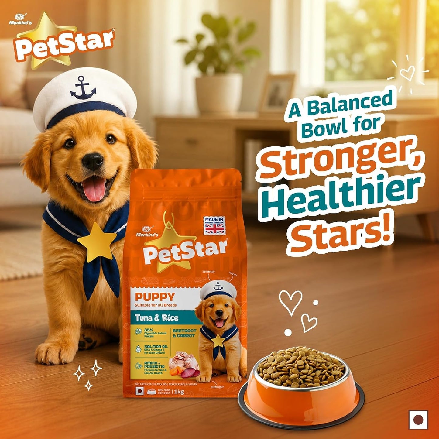 Petstar Puppy Dry Dog Food 1 kg, Tuna & Rice Formula, High Protein, Easy Digestion, Immunity Support, No Artificial Flavours or Added Sugar