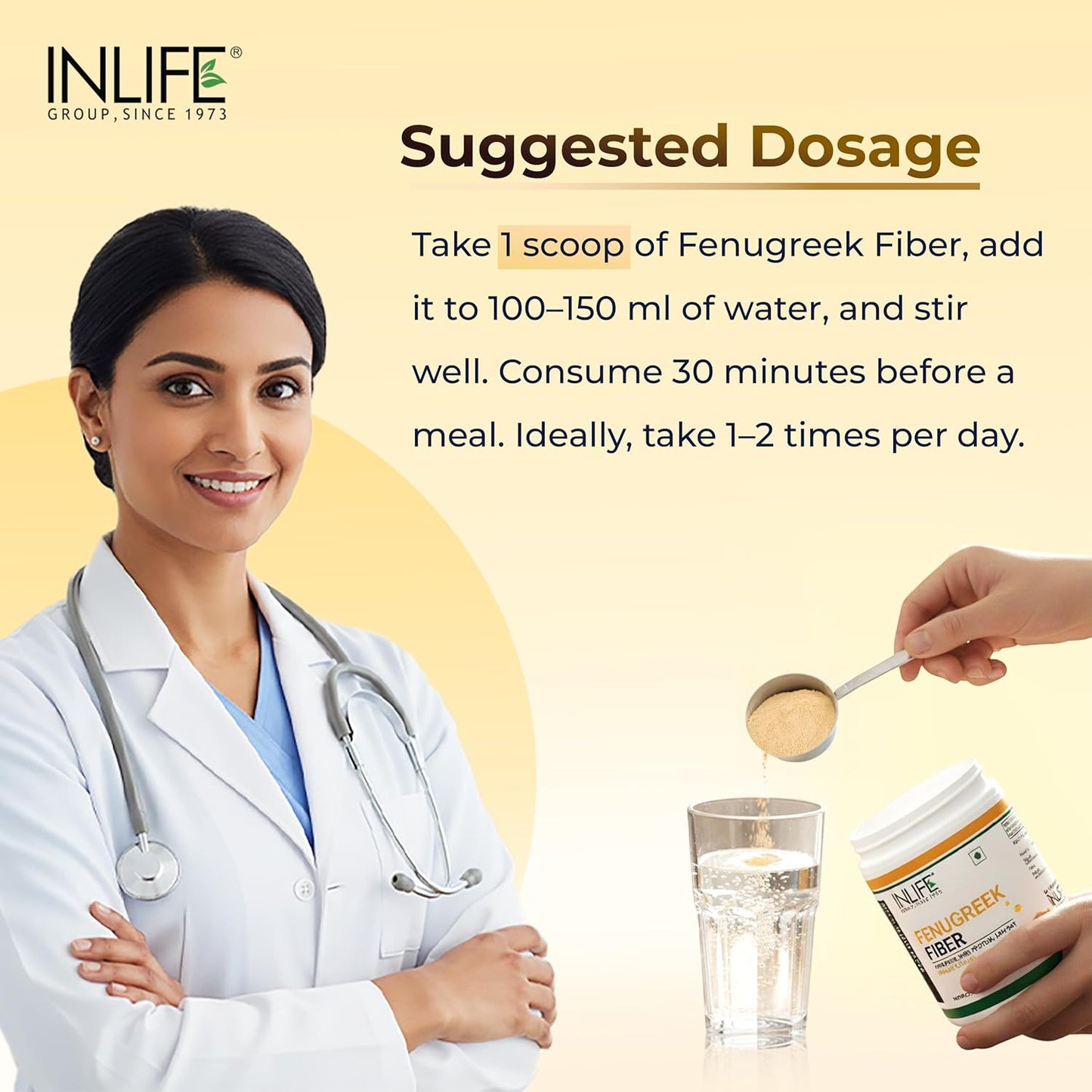 INLIFE Fenugreek Fibre Supplement | Gut Cleanse Detox & Digestive Health Powder | High Fiber & Protein | Weight Management, Manages Sugar, Bloating, Constipation & Acidity, 150g (Orange)
