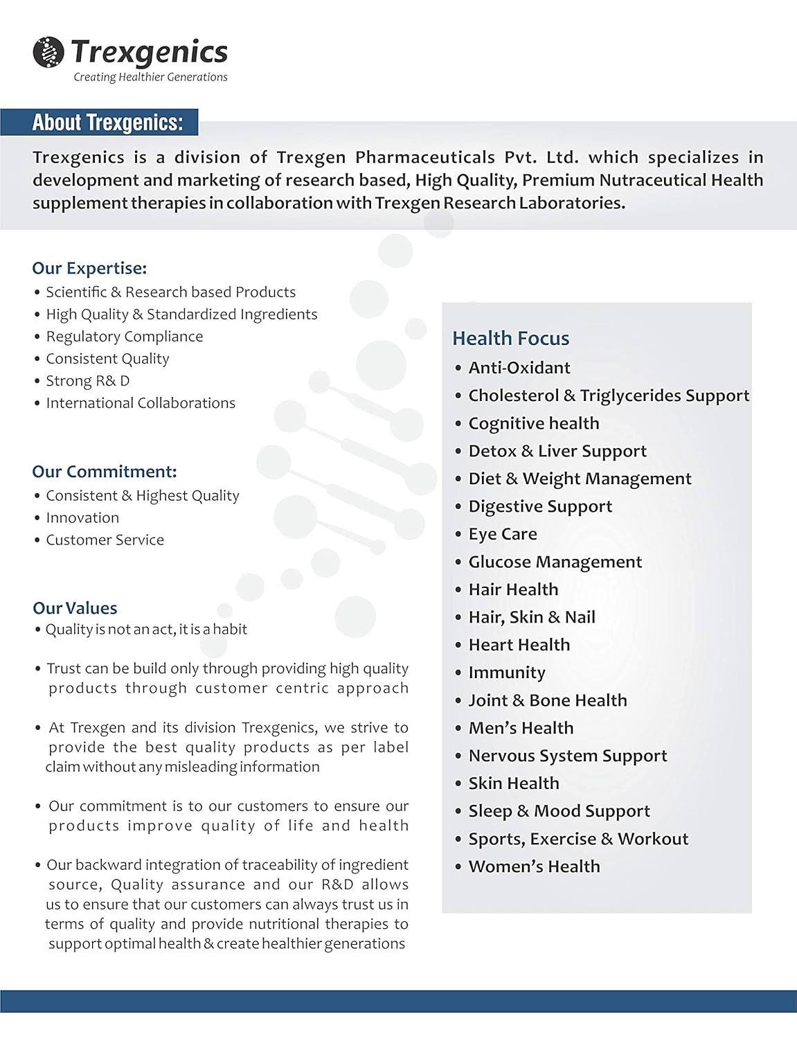 Brochure or document about Trexegenics, a division of Trexgen Pharmaceuticals Pvt. Ltd.
