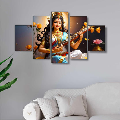 Saraswati ma Paintings for Living Room | Painting for Wall Decoration | 3D Wall Art for Bedroom | lord Saraswati Religious Wall Painting Set of 5 (75 x 45 cms) SANFPNLS35502