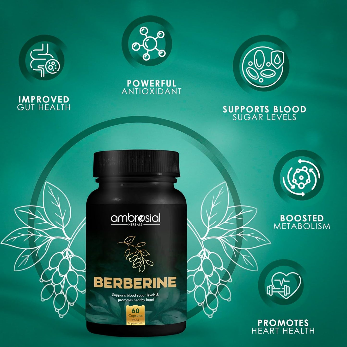 Black bottle of ambrosial Berberine with health benefits on a green background