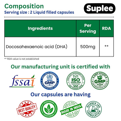 Suplee Plant Based Omega 3 Algae Oil 1000mg with 500mg DHA | 60 Capsules