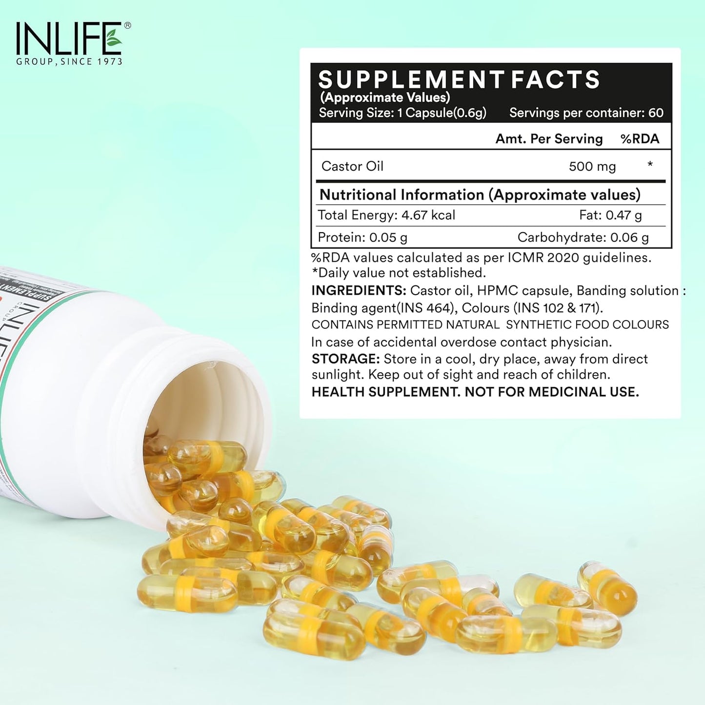INLIFE Castor Oil Supplement for Hair and Skin, Natural Laxative, Quick Release, 500mg – 60 Liquid Filled Vegetarian Capsules (Pack of 1, 60)