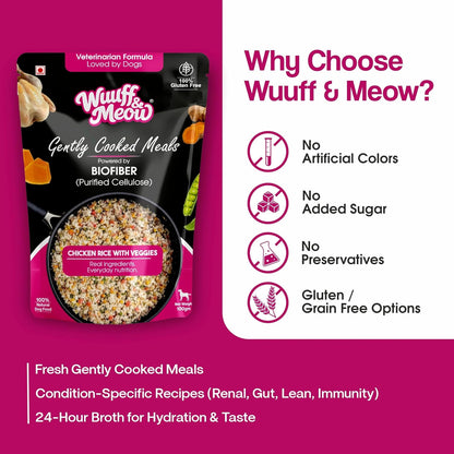 Wuuff & Meow Gently Cooked Wet Dog Food – Chicken, Rice & Vegetables | High Protein, Grain Free, Complete & Balanced Homestyle Dog Meal | Powered by BIOFIBER™ with Arbocel® | 100g