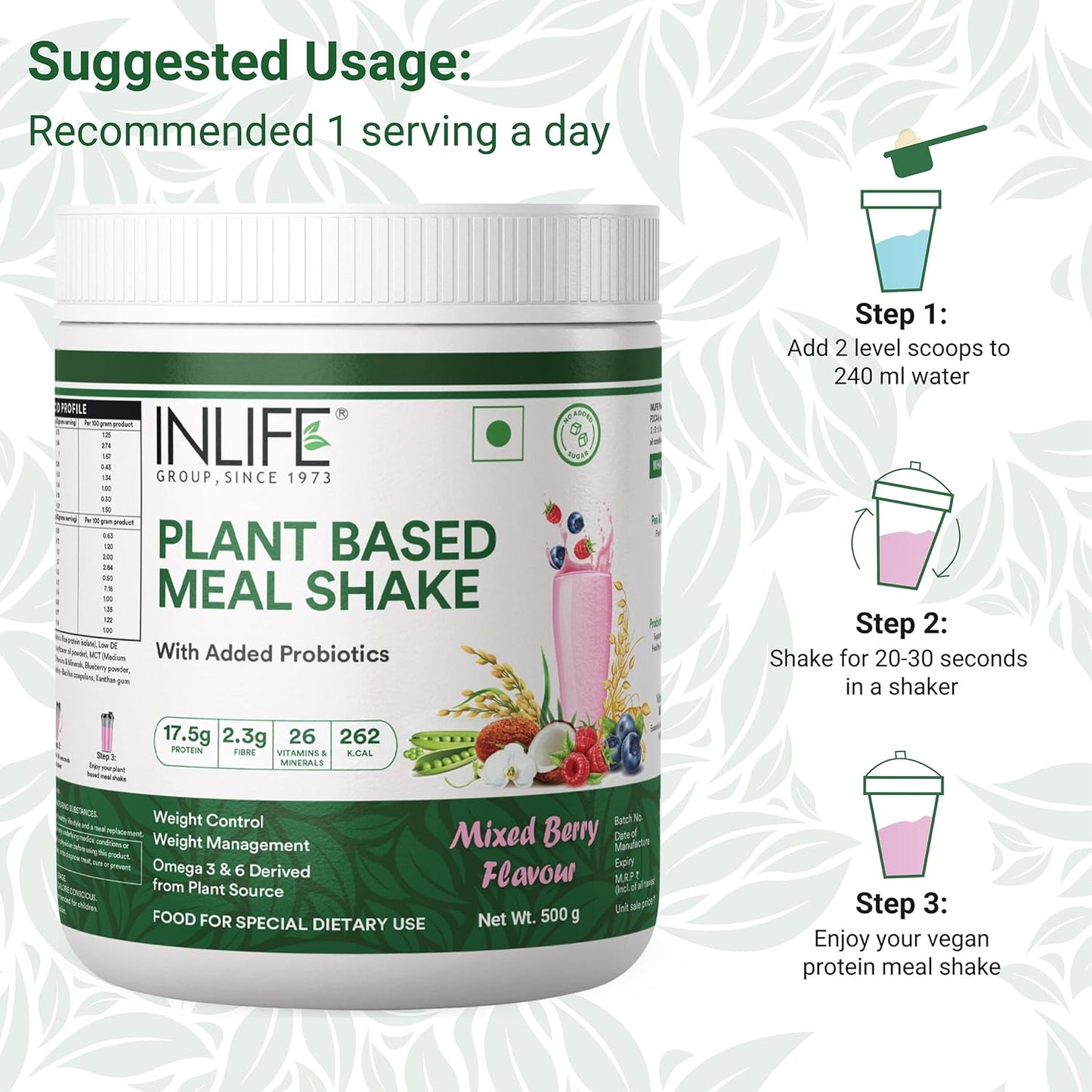 INLIFE Plant Based Meal Replacement Shake | Plant Protein Powder (17.5 Protein) No added Sugar, Lactose Free | Added Probiotics, 500g (Mixed Berry)