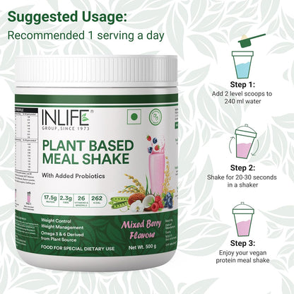 INLIFE Plant Based Meal Replacement Shake | Plant Protein Powder (17.5 Protein) No added Sugar, Lactose Free | Added Probiotics, 500g (Mixed Berry)