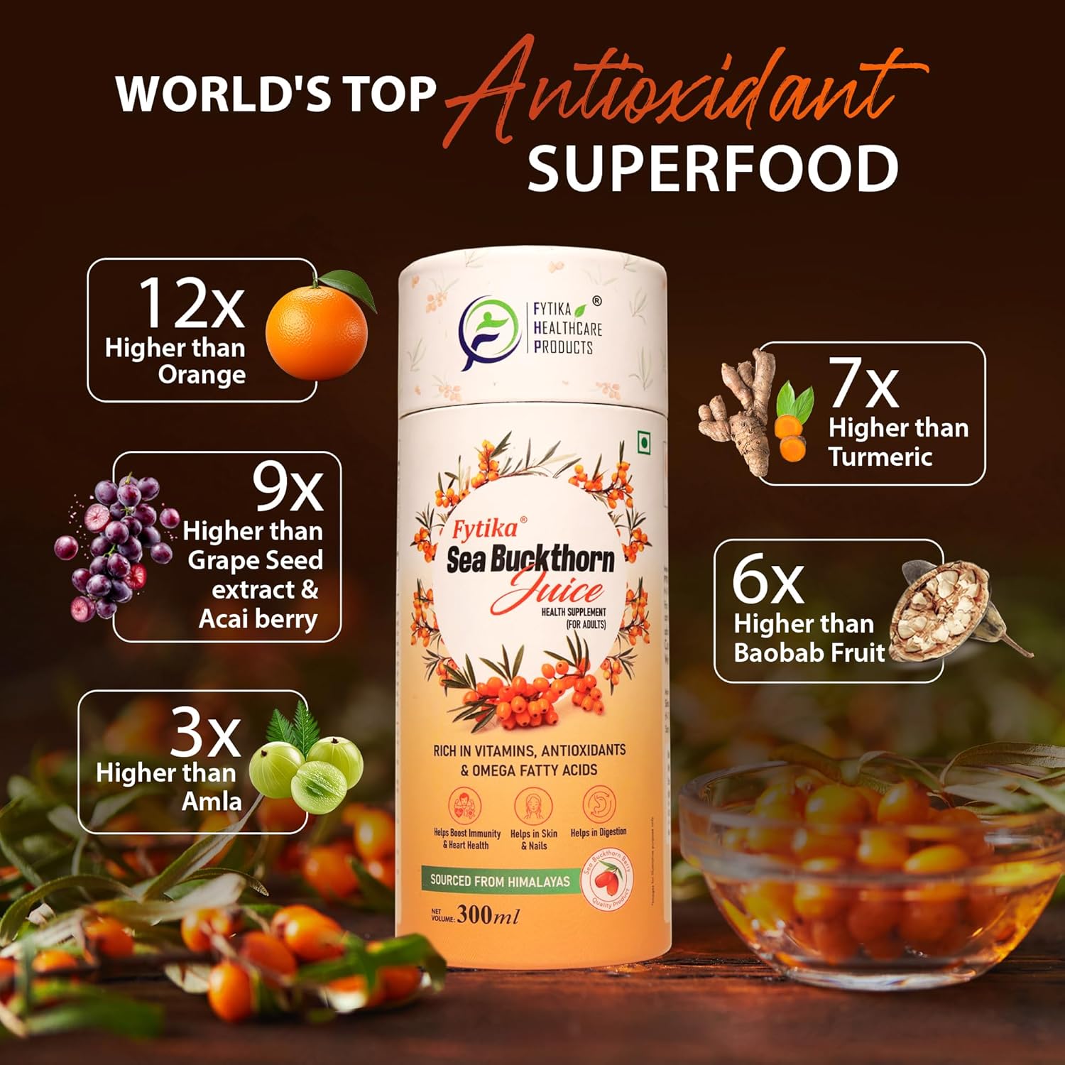 Fitika Sea Buckthorn Juice bottle with health benefits displayed on a dark background