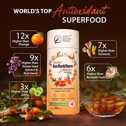 Fitika Sea Buckthorn Juice bottle with health benefits displayed on a dark background