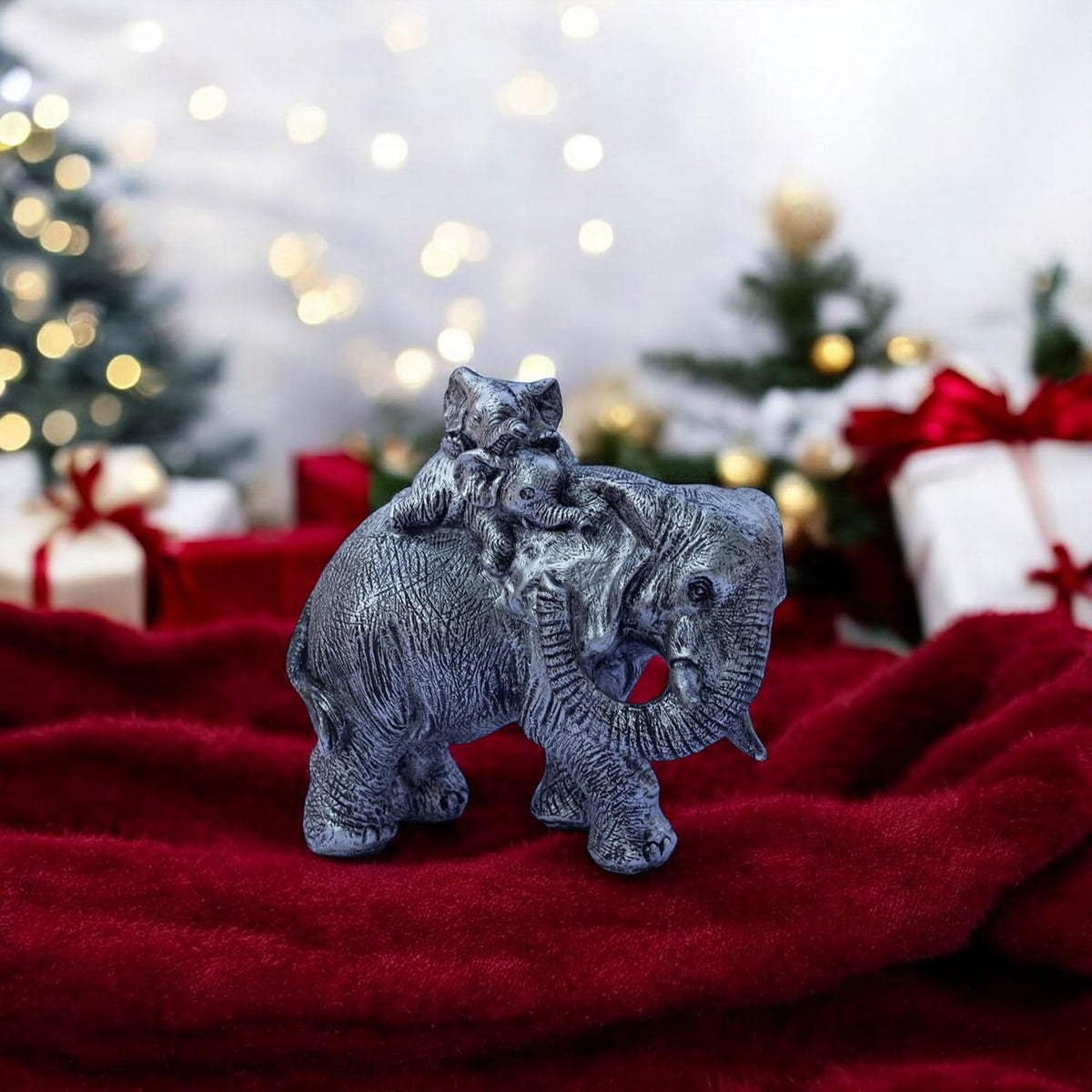 Polyresin 6" Elephant with Baby Statue for Home Decor – Vastu & Feng Shui Good Luck Symbol – Decorative Showpiece for Entryway, Living Room, Office, Gift (Silver)