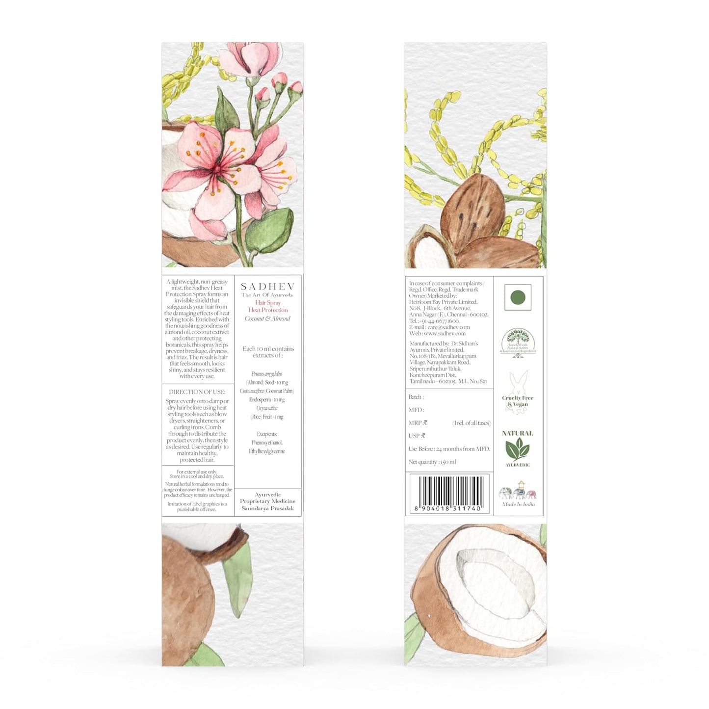 Sadhev Ayurvedic Heat Protection Hair Spray | Shields from Heat Damage | Enriched with Coconut & Almond | Prevents Breakage & Frizz | For All Hair Types (150ml)