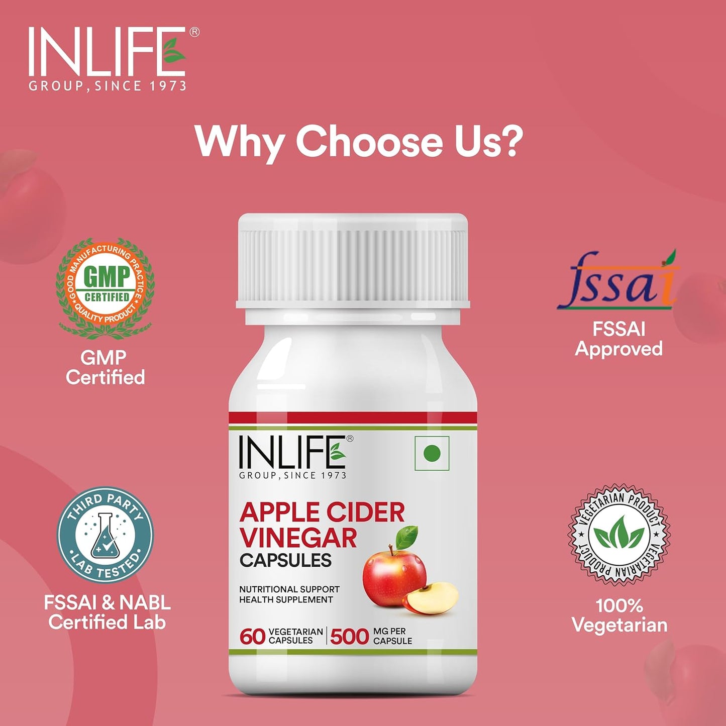 INLIFE Apple Cider Vinegar Supplement | Weight Management, Metabolism, Healthy Digestion | Plant Based Nutrition, 500mg - 60 Vegetarian Capsules (Pack of 1, 60)
