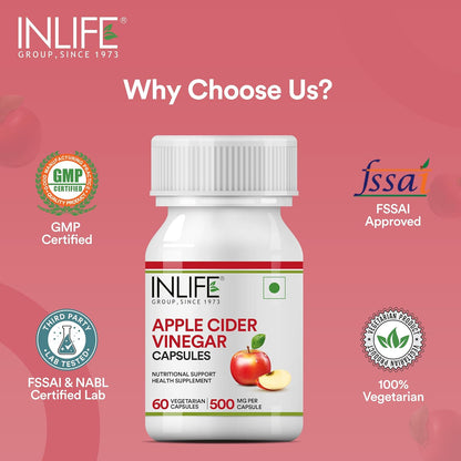 INLIFE Apple Cider Vinegar Supplement | Weight Management, Metabolism, Healthy Digestion | Plant Based Nutrition, 500mg - 60 Vegetarian Capsules (Pack of 1, 60)