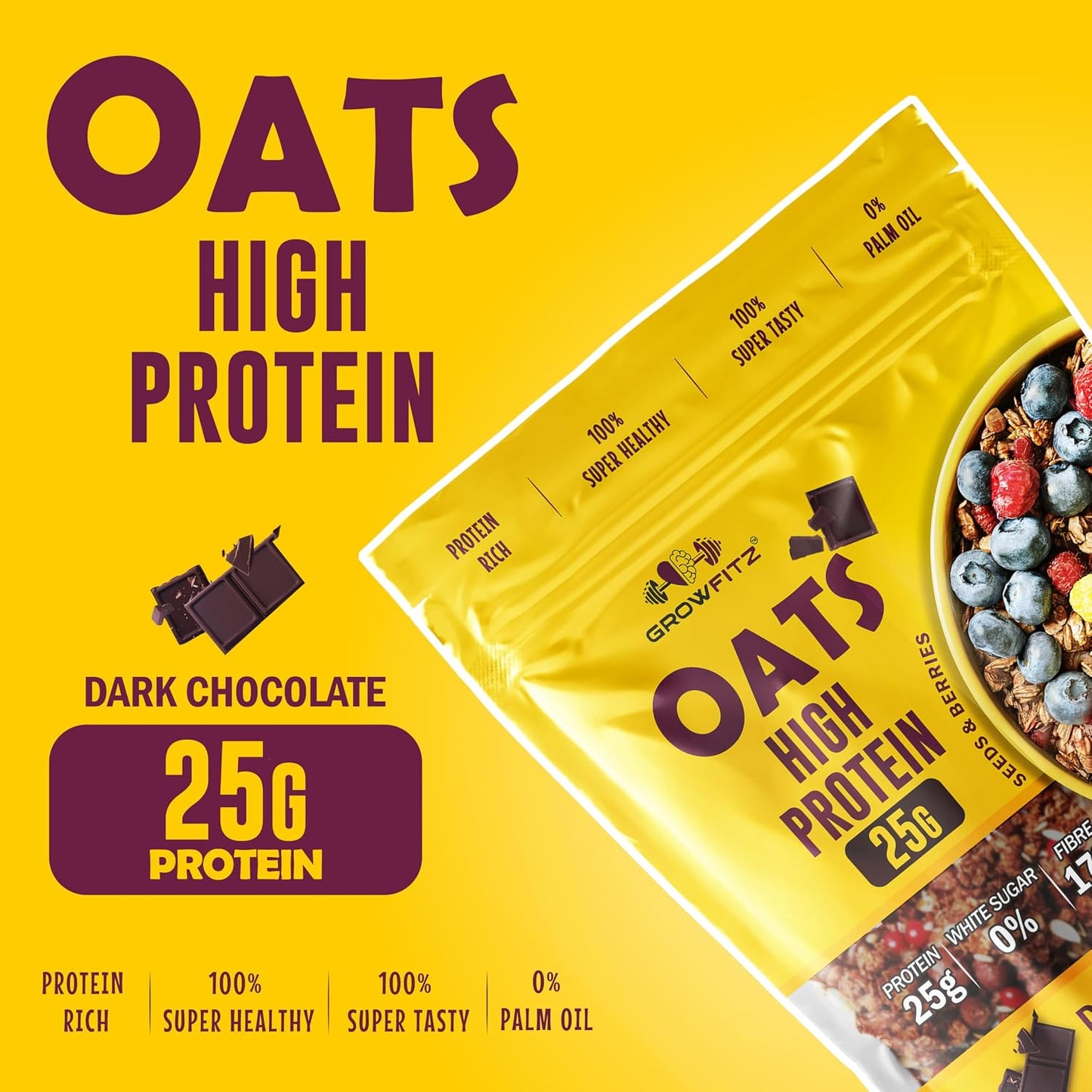 Growfitz 25g High Protein Oats 800 Gram, Pack of 1 | Dark Chocolate Oatmeal | 17g Fiber, No Sugar, With Almonds, Raisin, Pumpkin and Chia Seeds & Healthy Fats | Super Rolled Oats | Breakfast Cereals