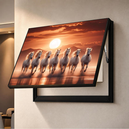 Electric MCB Box Cover Frame With Hydraulic Decorative Painting White 7 Running Horse Painting Electrical Panel box Cover, Switch Box Frame Will Fit Max 10x14 inch Switch Board, Outer Size 13X17 Inch
