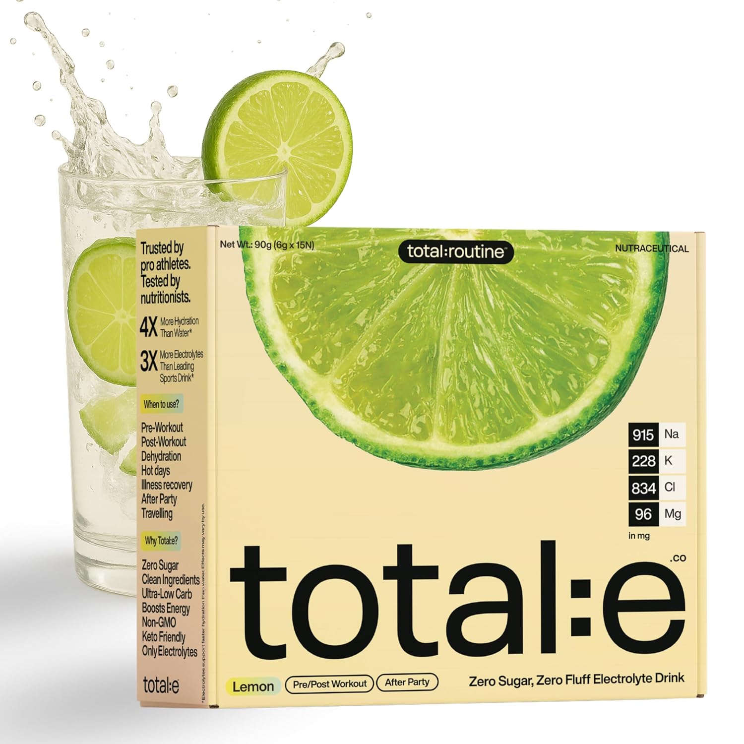 total:e electrolyte drink package with lemon slices and a glass of liquid on a white background
