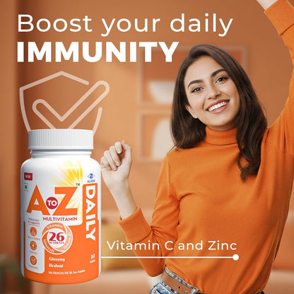 A to Z Daily Multivitamin for Men & Women | 26 Essentials Vitamins & Minerals with Ashwagandha, Brahmi, Ginseng & L-Theanine | Energy, Immunity & Stress Support | 30 Veg Tablets