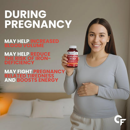 Pregnant woman holding a supplement bottle with text about its benefits during pregnancy.