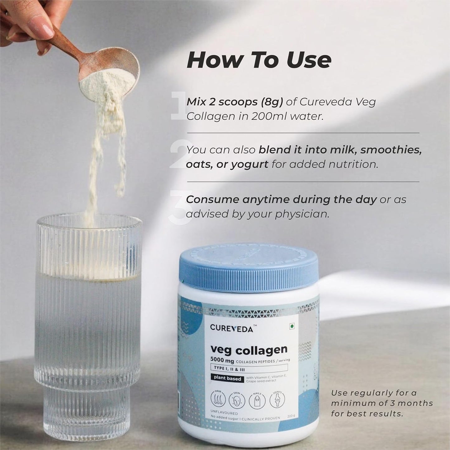 Cureveda Veg Collagen container with a scoop and glass of water on a neutral background
