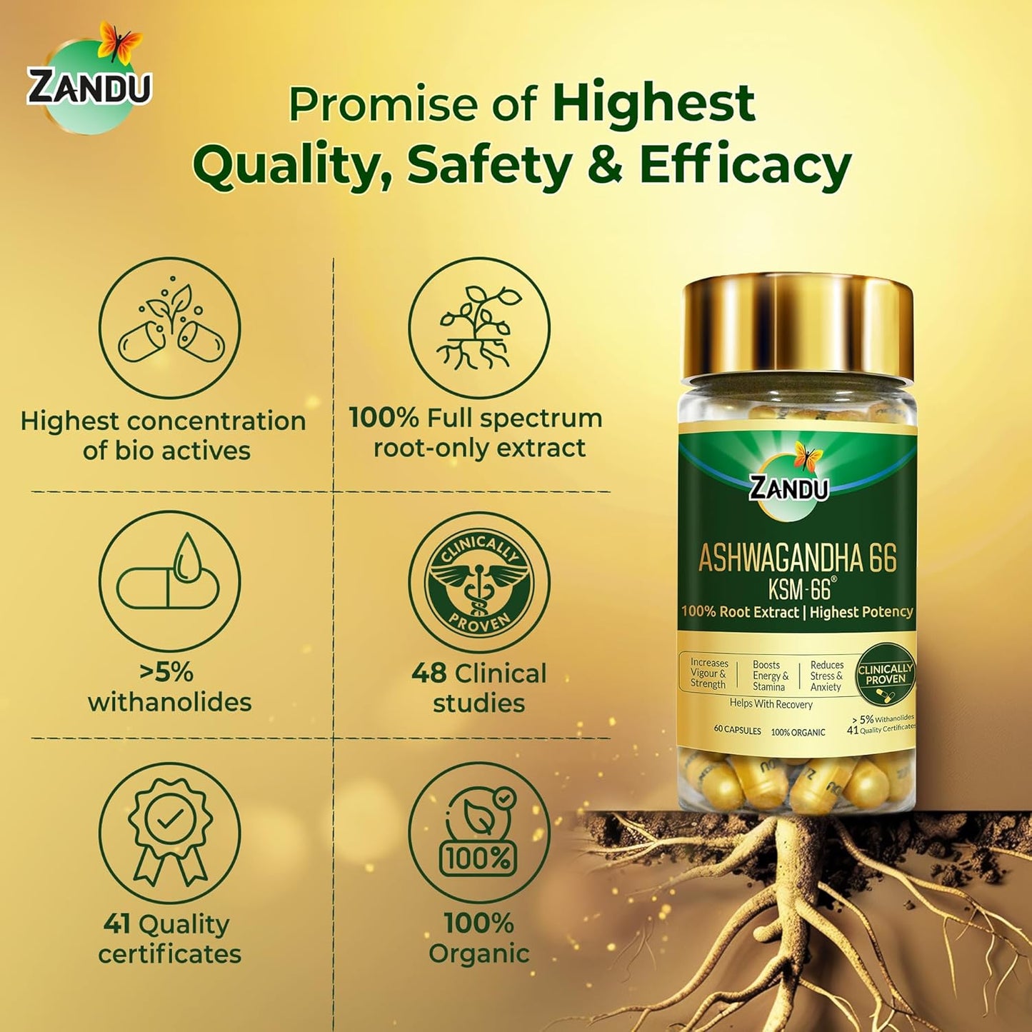 Zandu Ashwagandha KSM-66 (600 mg high dose formula) Tablets | Clinically Proven for 72% Decrease in stress and anxiety levels I Boosts Energy & Strength | 60 tablets I 100% Pure Root Extract