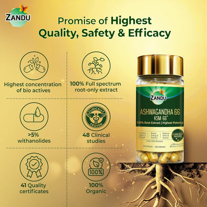Zandu Ashwagandha KSM-66 (600 mg high dose formula) Tablets | Clinically Proven for 72% Decrease in stress and anxiety levels I Boosts Energy & Strength | 60 tablets I 100% Pure Root Extract