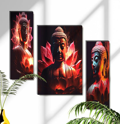 Radiant Red Lotus Buddha Wall Art – 3-Panel UV-Printed Spiritual Triptych | Ready-to-Hang Zen Meditation Home Décor (20 Inch x 12 Inch) JM-35303
