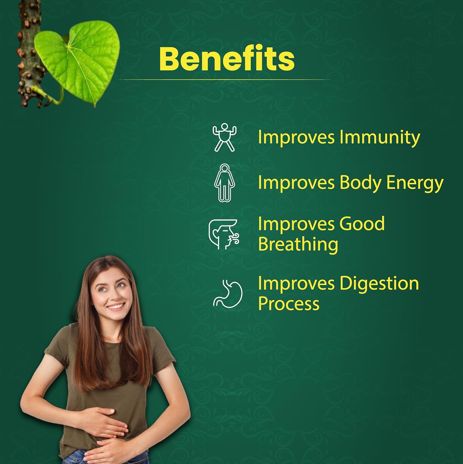 Woman standing next to a list of health benefits on a green background with a leaf graphic.