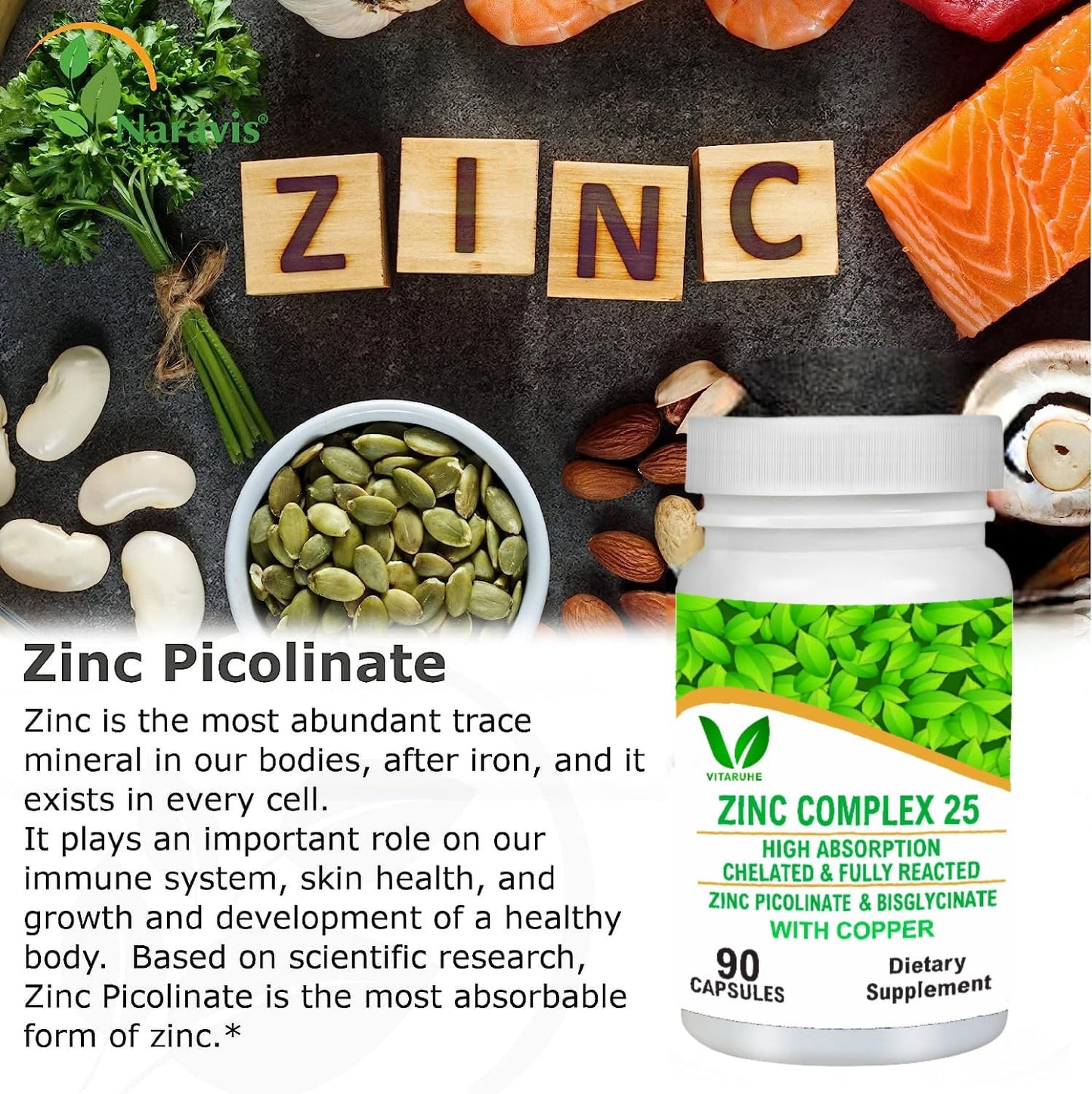 VITARUHE® Chelated Zinc Picolinate & Bisglycinate Complex with Copper, Zinc for Immune, Skin and Cellular Health, High Absorption, Non-GMO, 90 Capsules